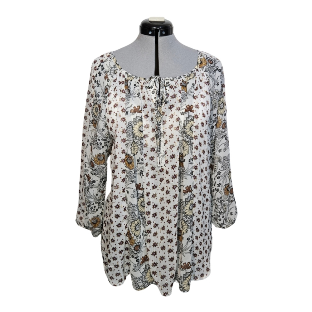 NWT Figueroa & Flower Women's SIZE XL Boho Peasant Semi-Sheer Floral Blouse